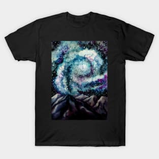 Watercolor Spiral Galaxy and Mountains T-Shirt